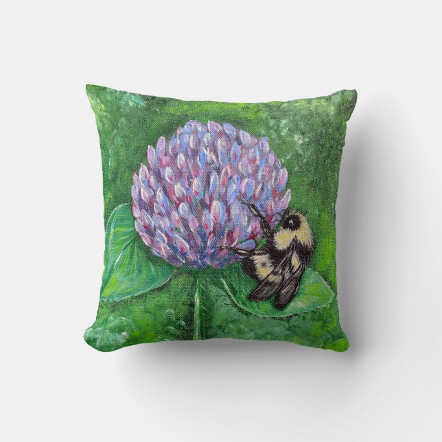Coussin Bee on Purple Clover Painting Throw Pillow (Recto)