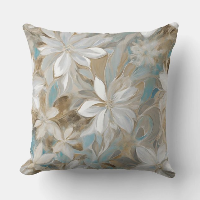 Coussin Beige Brown Bleu Floral Turquoise (Recto)