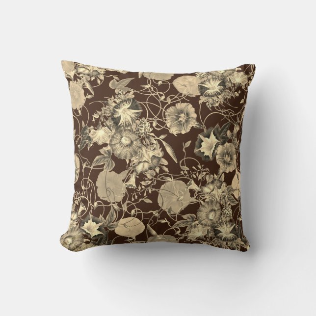Coussin Beige Morning Glory Flowers on Dark Brown (Recto)