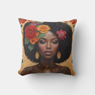 Coussin Belle Africaine Américaine Avec Fleurs