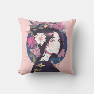 Coussin Belle Anime Girl couronnée de fleurs