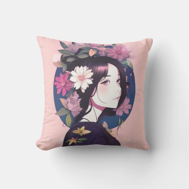 Coussin Belle Anime Girl couronnée de fleurs (Recto)