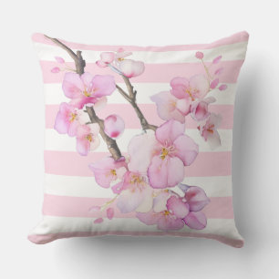 Coussin Belle aquarelle rose cerisier fleurs rayures