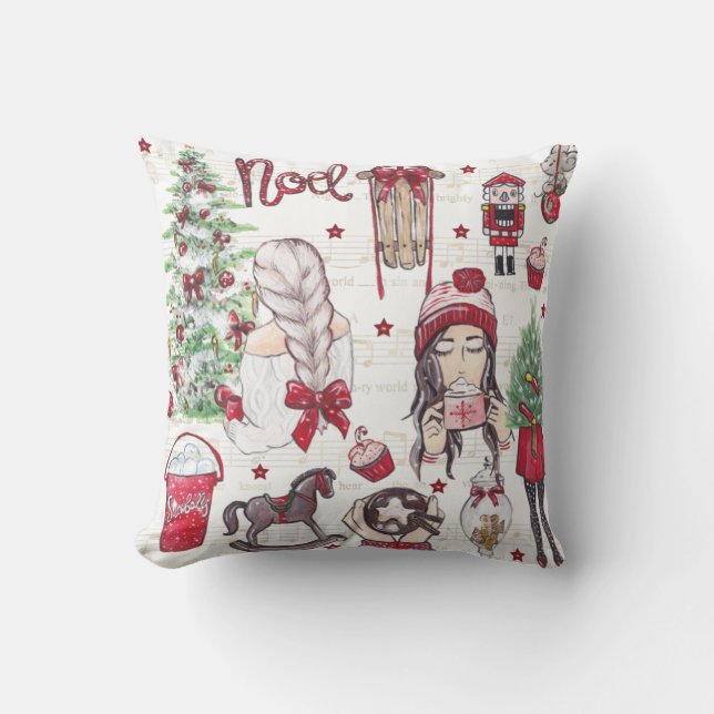 Coussin Belle Aquarelle rouge Noël peinte main (Recto)
