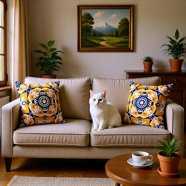 Coussin 💛 💙 🤍 Belle Azulejos bleu et jaune (💛💙🤍 Beautiful blue and yellow Azulejos Throw Pillow)