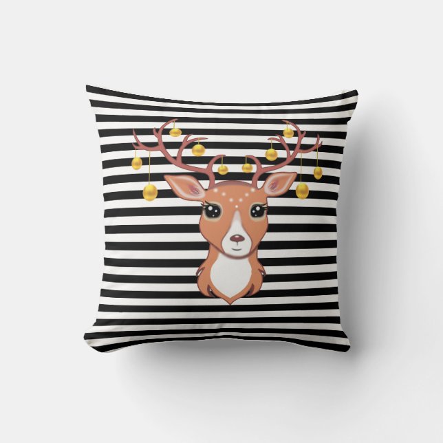 Coussin Belle biche sur fond rayé noir et blanc (Recto)