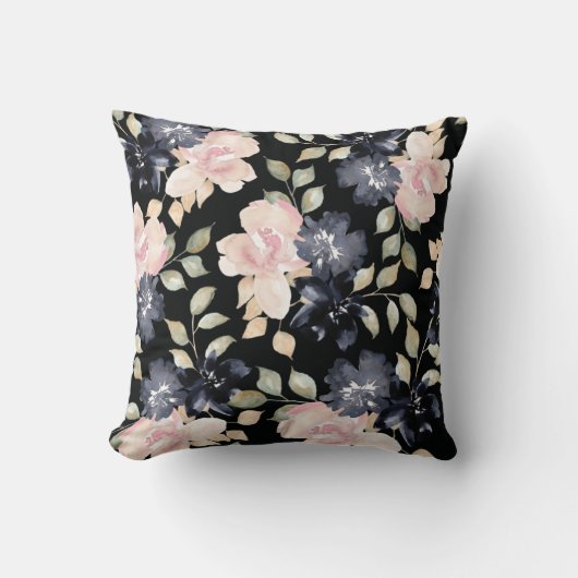Coussin belle couleur noire fleurs d'aquarelle parsemé (Recto)