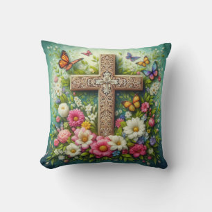 Coussin Belle croix florale de Pâques avec papillons