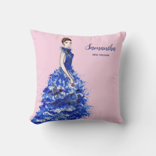 Coussin Belle Dame avec une Robe Bleue Brillante de Mode