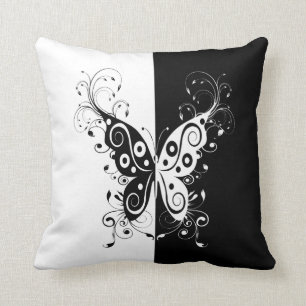 Coussin Belle élégante tourbillons papillon noir et blanc