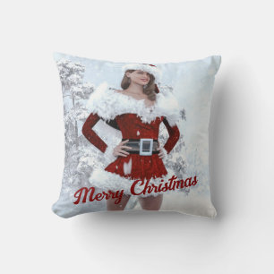 Coussin Belle femme de Noël au-dessus de la neige hivernal