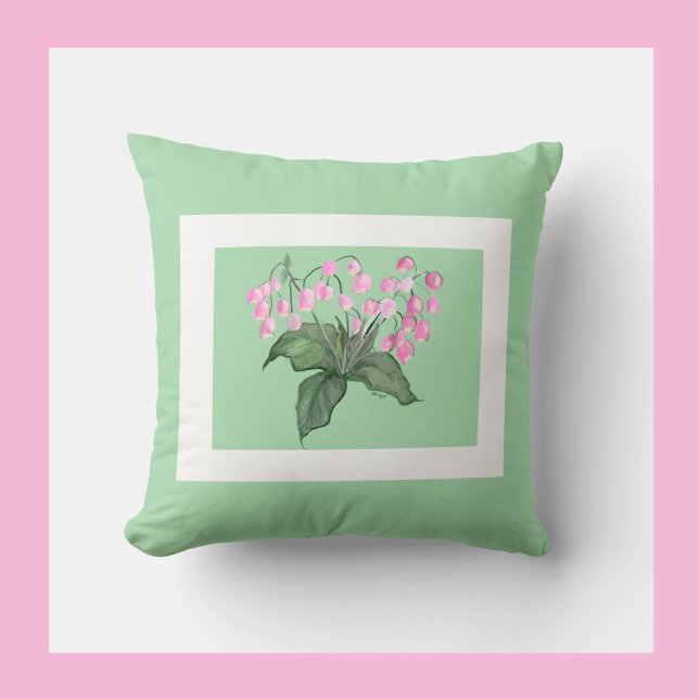 Coussin Belle Fleur de Bell Rose Delicate avec fond vert (Créateur téléchargé)
