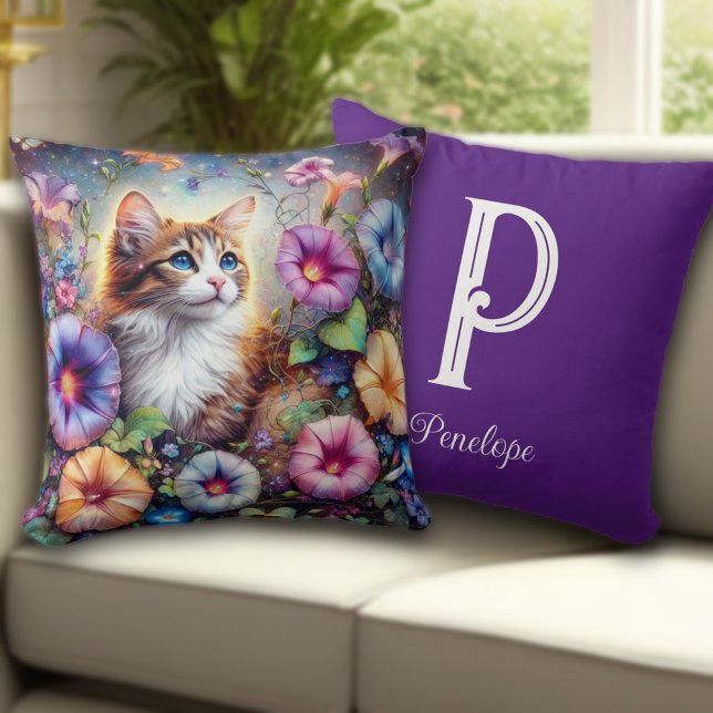 Coussin Belle Fleur de Chat Jardin Personnalisé Monogramme (Créateur téléchargé)