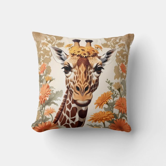 Coussin Belle Giraffe et Gerbera Daisy Flowers (Recto)