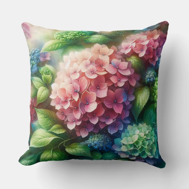 Coussin Belle Hortensia Rose et Vert (Recto)