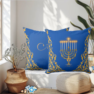 Coussin Belle Menorah Dorée Élégante avec Monogramme pour