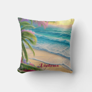 Coussin Belle Plage Océan Vagues Sable Palmiers