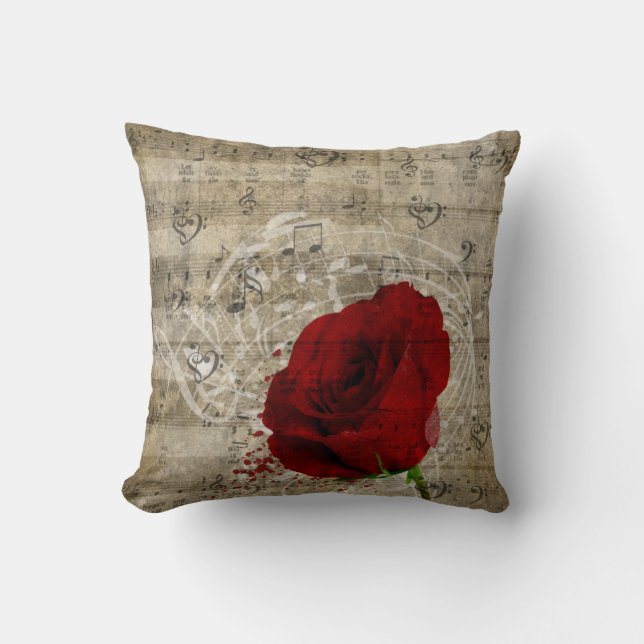 Coussin Belle rose rouge notes piano tourbillonné (Recto)