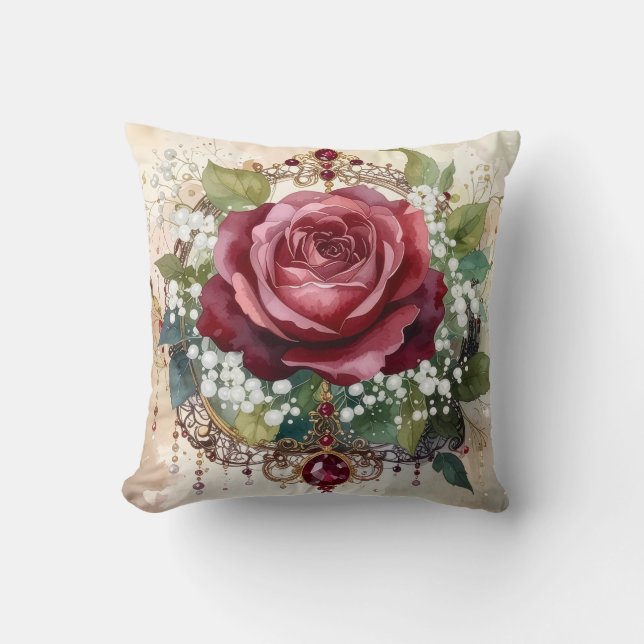 Coussin Belle Rose Rouge Romantique Nostalgique Victorienn (Recto)