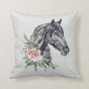 Coussin Belle tête de cheval noir Portrait d'aquarelle