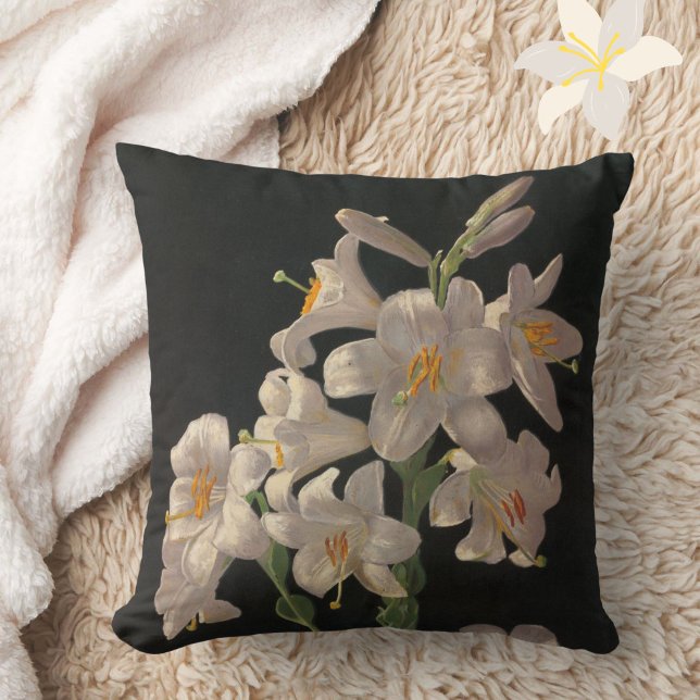 Coussin Belle Vintage Lys de Pâques Blancs Réversible (An elegant white lily on black pillow to add style and elegance to your décor.)