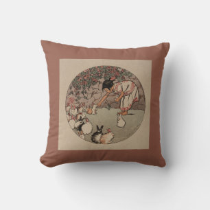 Coussin Belle Vintage "Nourrir les lapins" Reversible