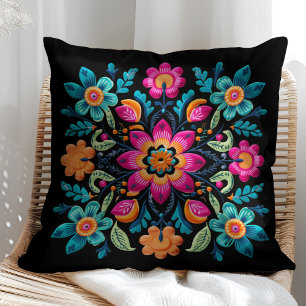 Coussin Belles couleurs noires et vibrantes Floral mexicai