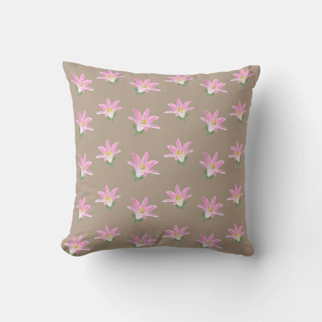 Coussin Belles fleurs d'Amaryllis roses sur fond beige (Recto)