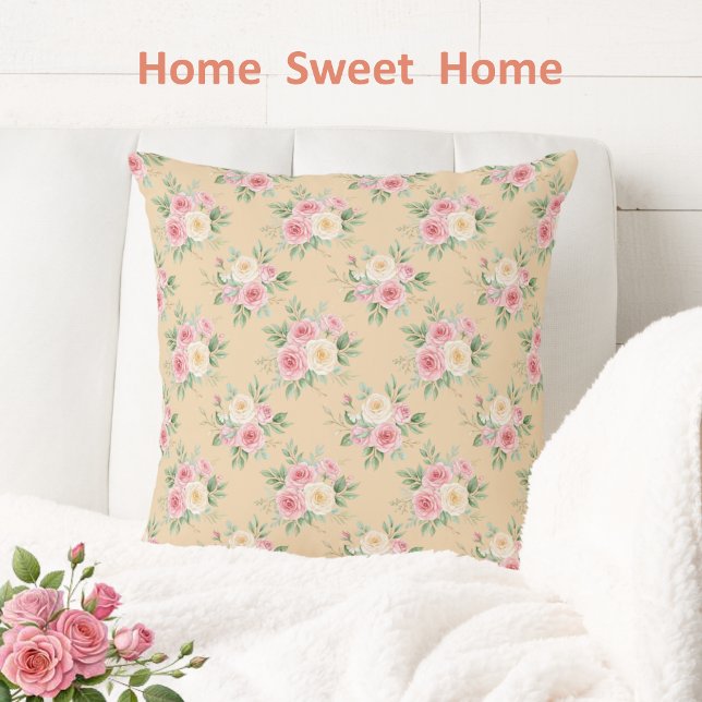 Coussin Belles Fleurs de Couleur Pastel sur Fond Beige (Créateur téléchargé)