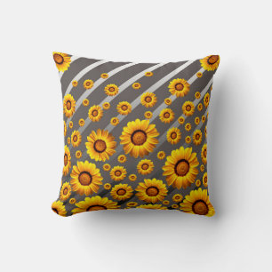 Coussin Belles fleurs jaunes sur gris, rayures argentées