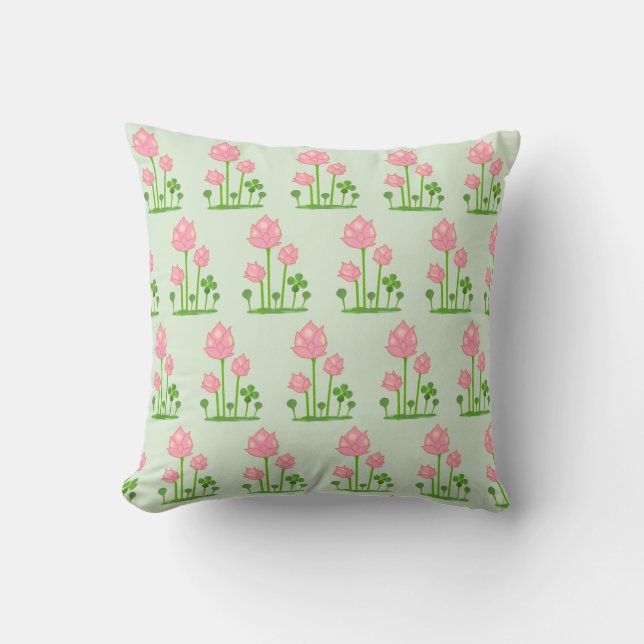 Coussin Belles fleurs roses sur fond vert clair (Recto)