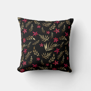Coussin Belles fleurs rouges doré brillant feuille noir el