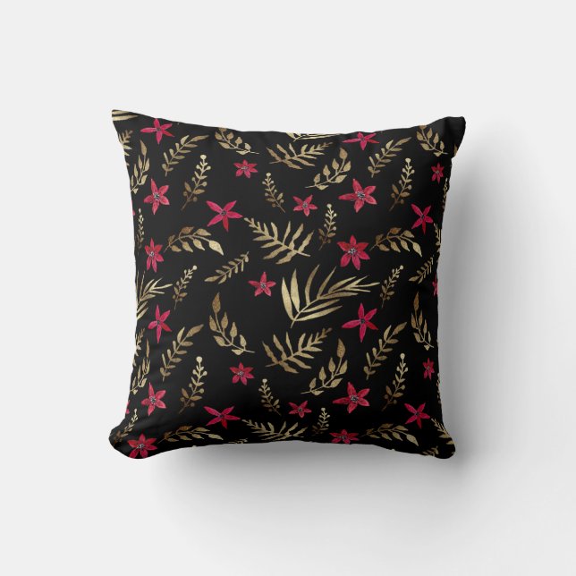 Coussin Belles fleurs rouges doré brillant feuille noir el (Recto)