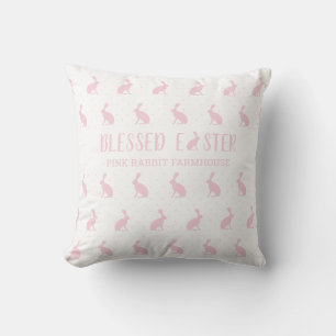 Coussin Béni soit Pâques. Motif de ferme de lapin rose dou