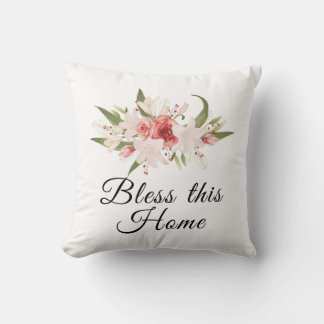Coussin Bénissez cette maison, motif floral aquarelle