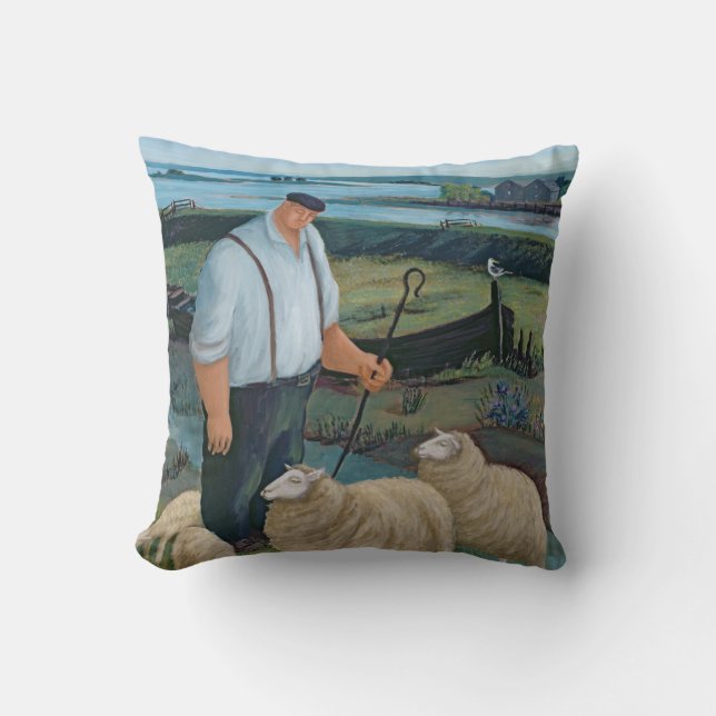 Coussin Berger avec des moutons dans le paysage de rivière (Recto)