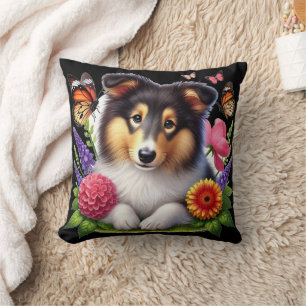 Coussin Berger des Shetland avec Fleurs et Papillons