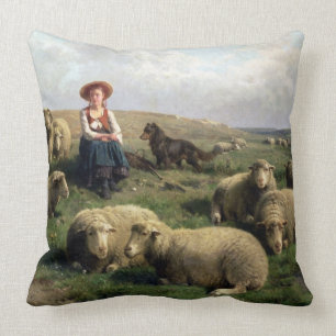Coussin Bergère avec des moutons dans un paysage
