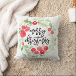 Coussin Berry Wreath Joyeuse aquarelle de Noël<br><div class="desc">Doté de notre couronne aquarelle avec un script de brosse moderne.</div>
