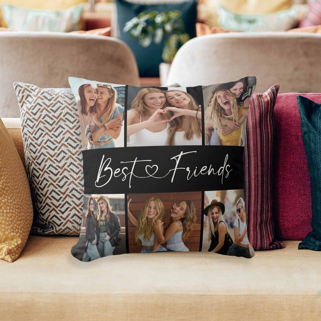 Coussin Best Friends Photo Collage Modern Script Heart (Créateur téléchargé)
