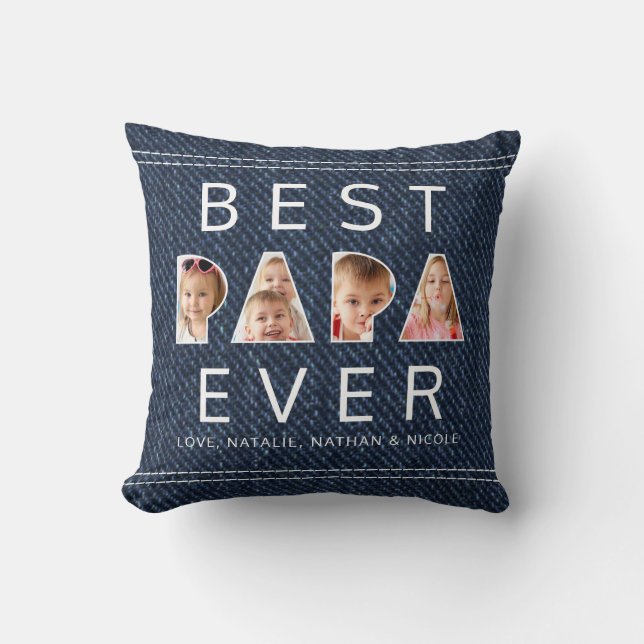 Coussin BEST PAPA EVER 3 Photo Collage Faux Denim (Recto)