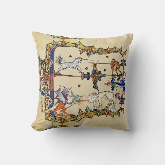 COUSSIN BESTIAIRE MÉDIÉVAL LARGE, UNICORN COMBATTRE LUNETT (Recto)