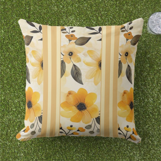Coussin Beurre jaune et à rayures florales (Herbe)