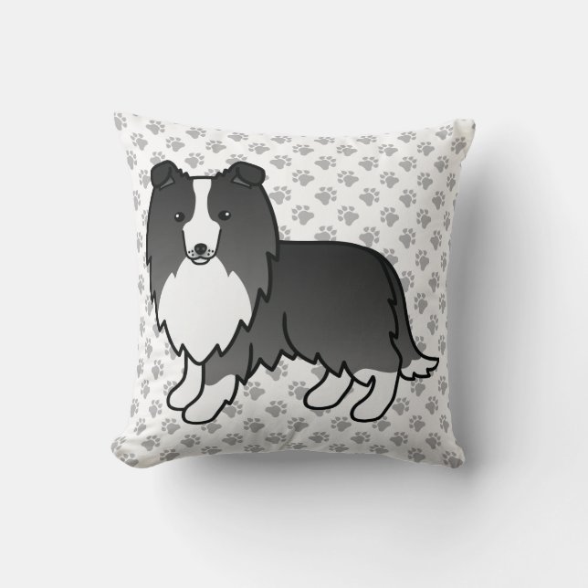 Coussin Bi-Black Shetland Sheepdog Cartoon Chien et Pâtes (Recto)