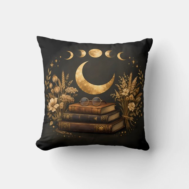 Coussin Bibliothèque Mystique Dorée & Art Botanique Boho d (Recto)