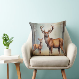 Coussin Biche et Faon dans un Paysage Boisé Lumineux