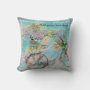 Coussin Bicycle with flower baskets on blue burlap
