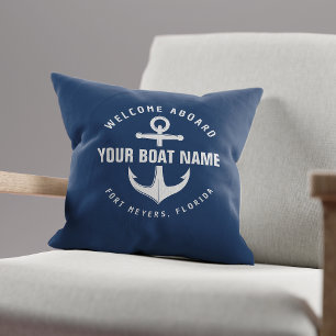 Coussin Bienvenue à bord de bateau Marine Blue Ancre nauti