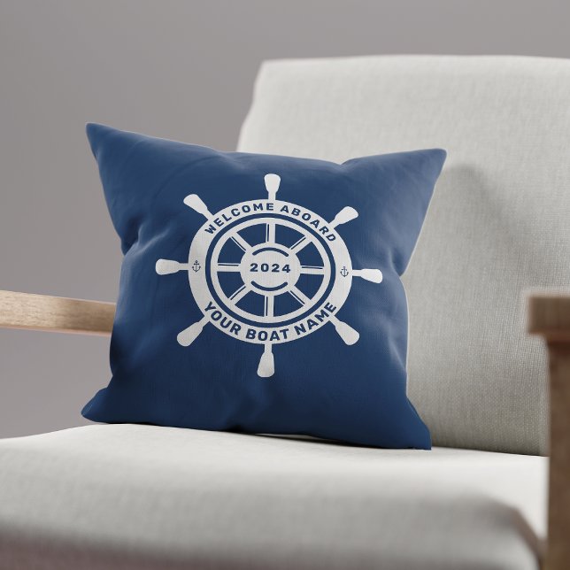 Coussin Bienvenue à bord de la Marine Blue Custom Boat Nom (Créateur téléchargé)