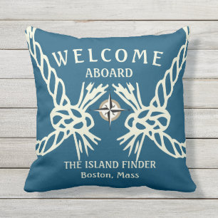 Coussin Bienvenue à bord des bateaux Nom Ocean Blue and Be